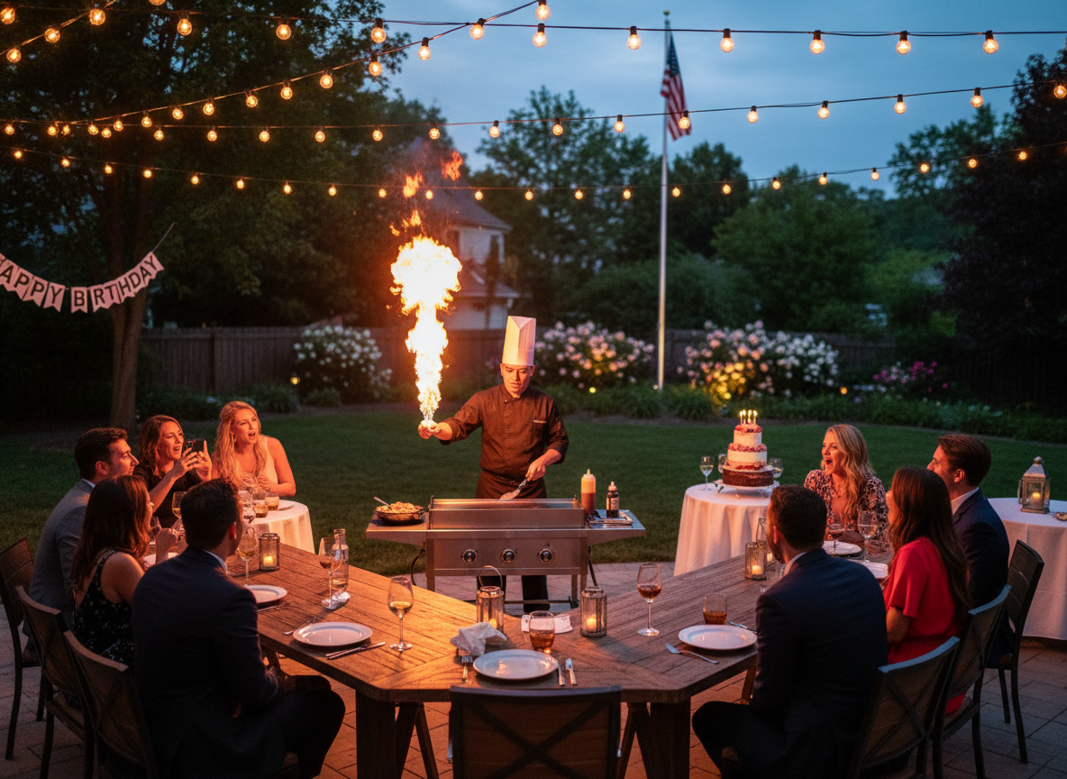 Festive backyard birthday party with hibachi chef entertaining guests