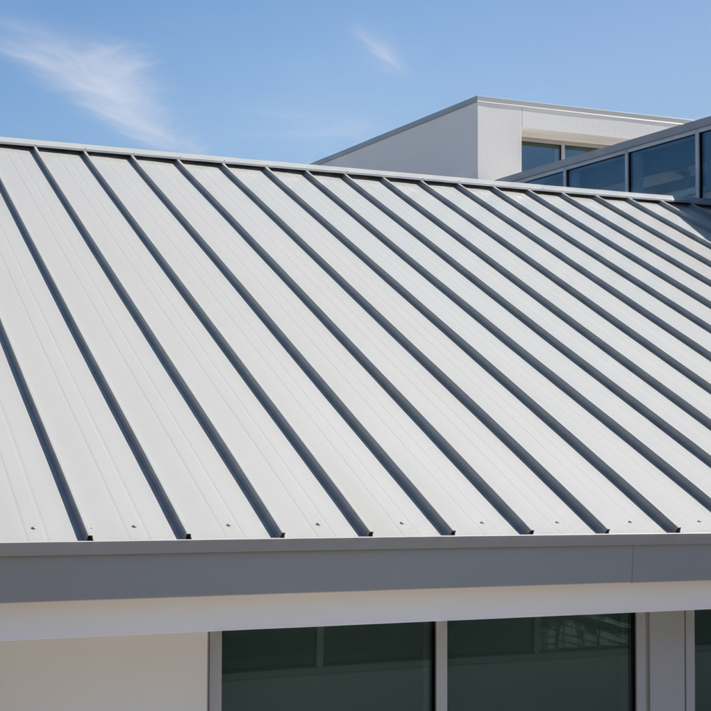 Light gray standing seam metal roof panel system with reflective cool metal finish