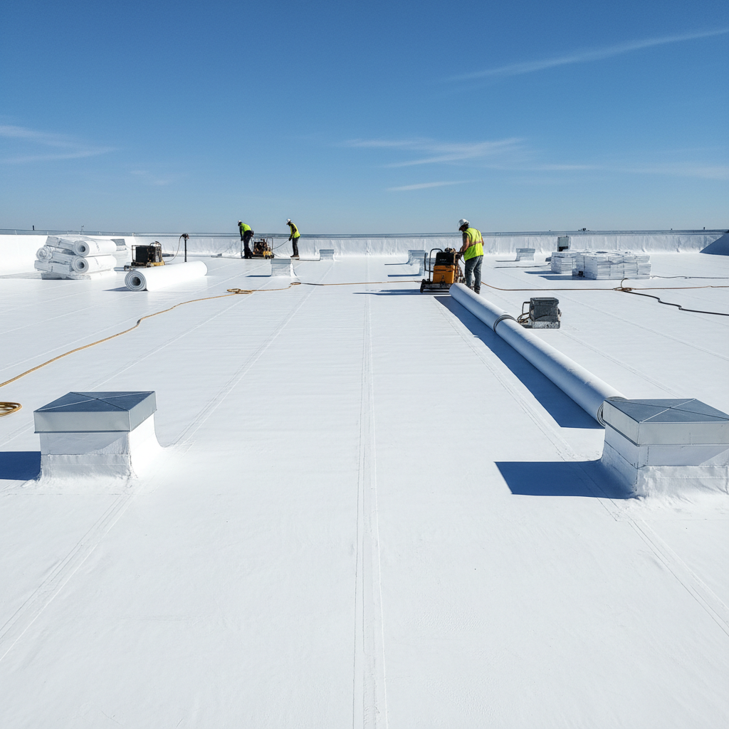 White TPO single-ply membrane roof installation with heat-welded seams