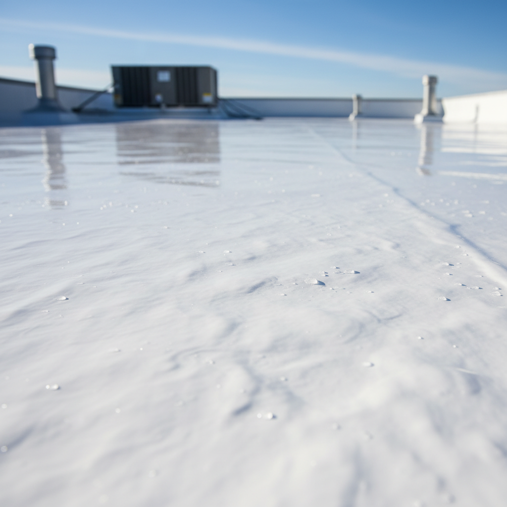 Spray polyurethane foam SPF roofing surface with smooth white reflective protective coating