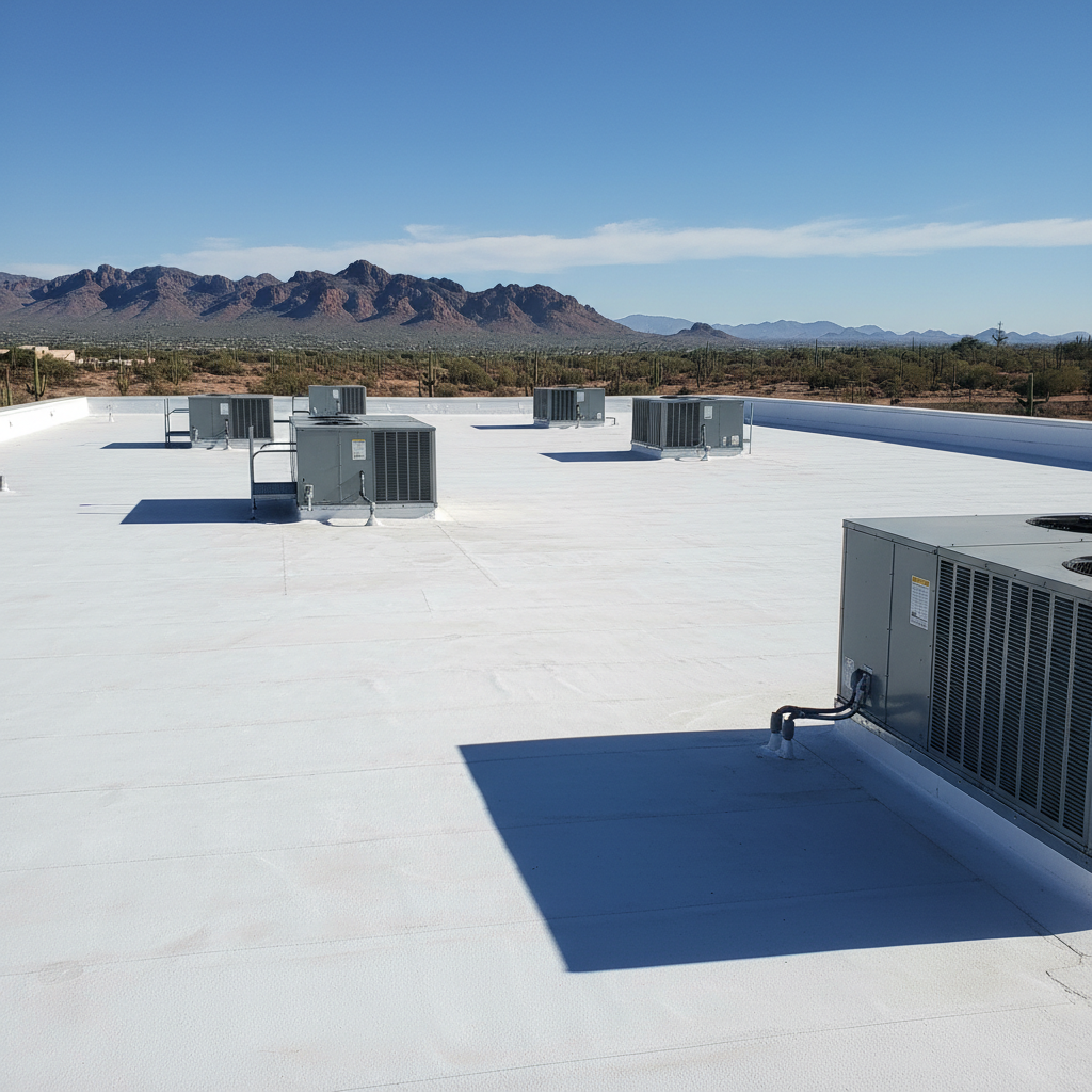 Aerial view of Arizona commercial buildings with reflective cool roofs and desert mountains