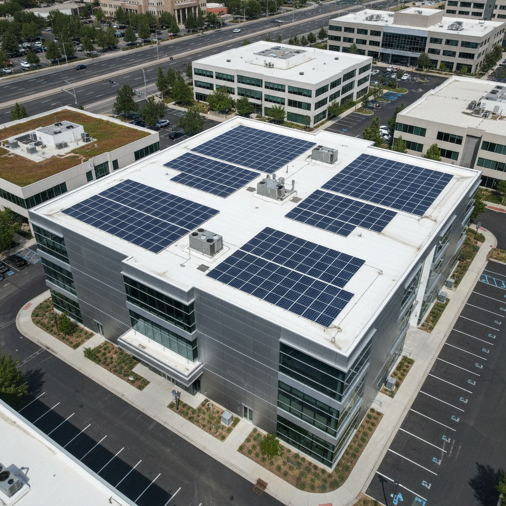 Modern commercial building with white reflective cool roof and rooftop solar panels
