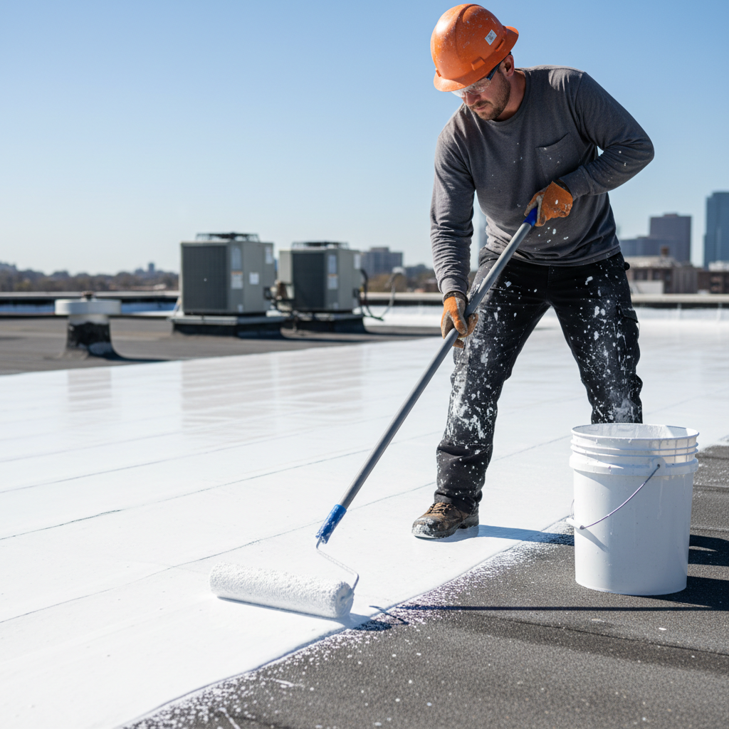 Contractor applying white reflective elastomeric roof coating to a commercial rooftop