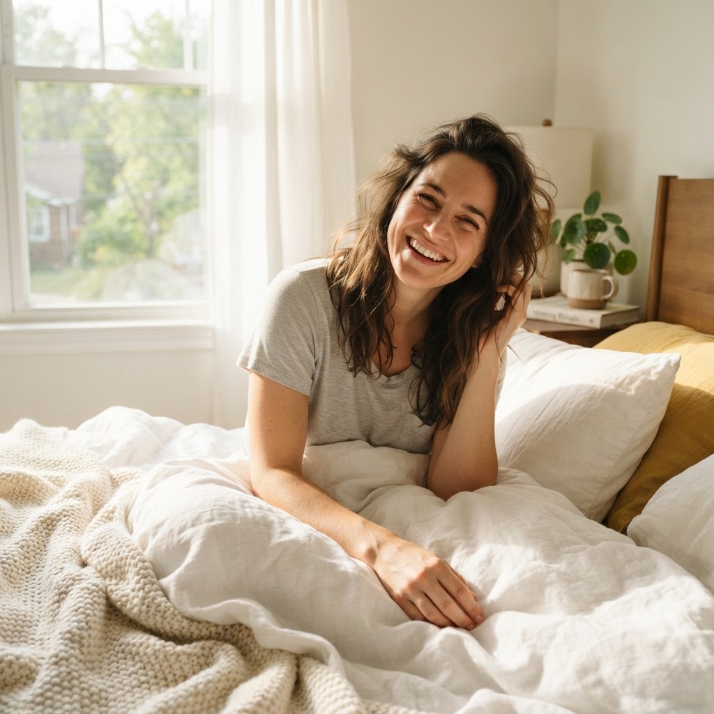 Person waking up refreshed after quality sleep