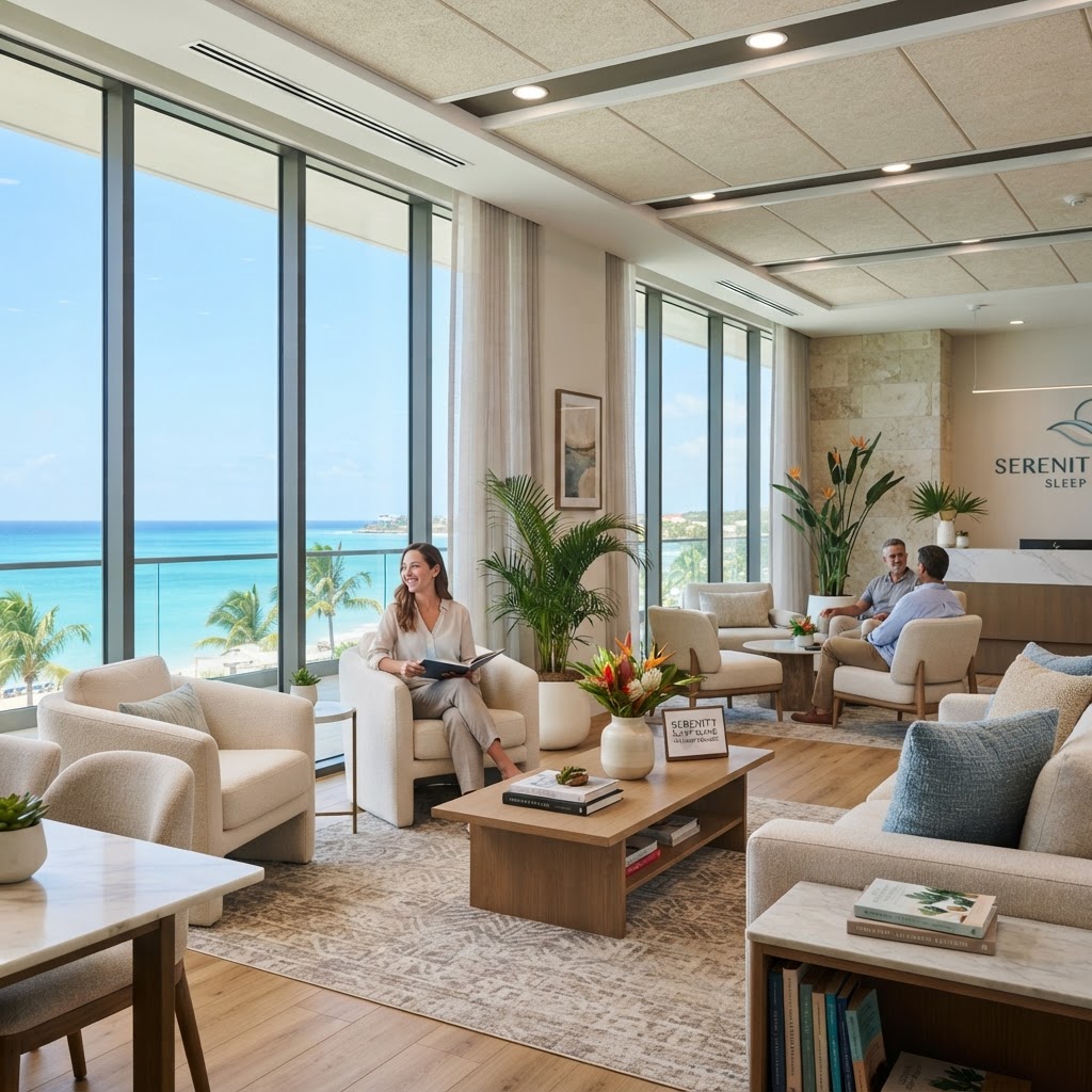 Modern sleep clinic interior with Caribbean views