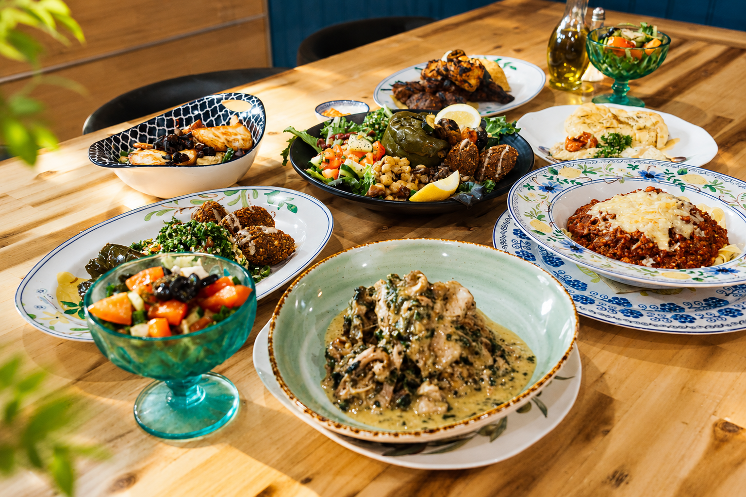 Mediterranean dishes spread with salads, falafel and grilled meats
