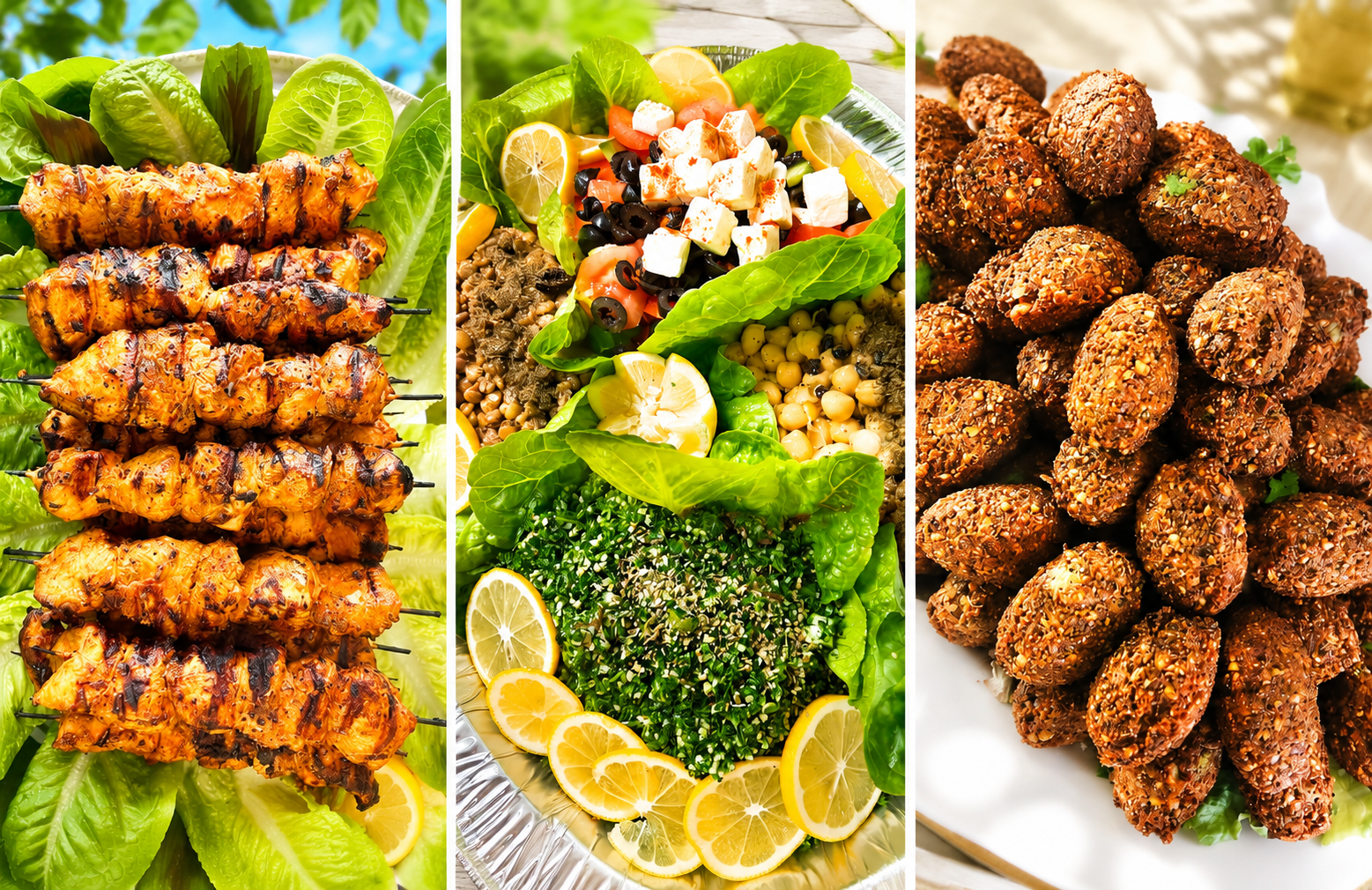 Catering collage with chicken skewers, Mediterranean salad platter and falafel
