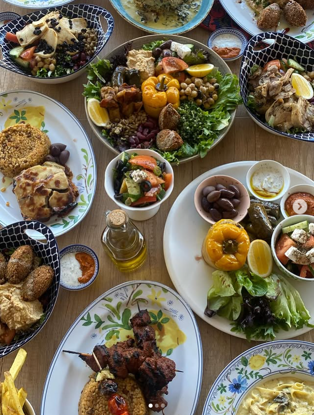 Mixed Mediterranean dishes and mezze spread
