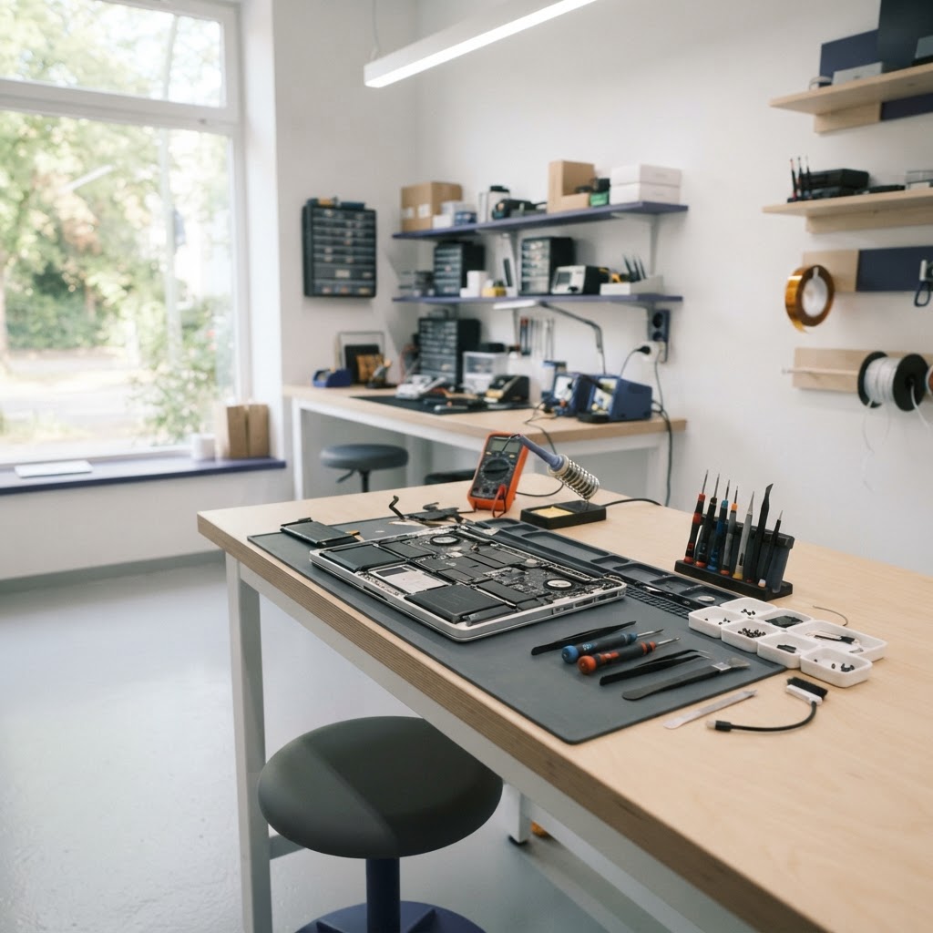 The JLous repair workbench with tools and an opened laptop