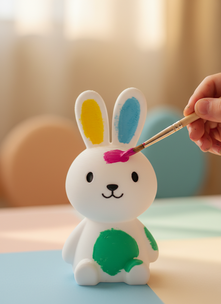 Child painting a 3D-printed lamp