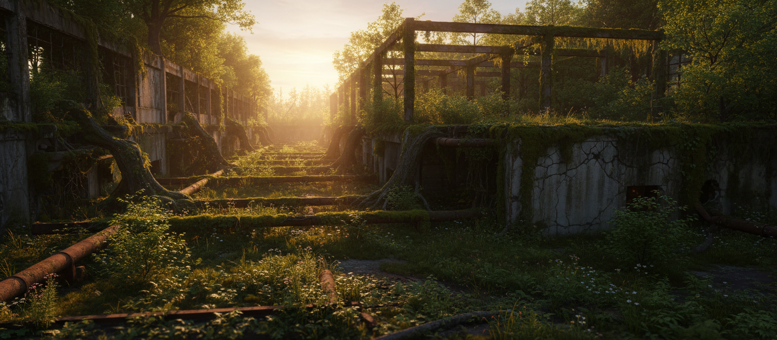 Nature reclaiming industrial structures, representing regenerative futures