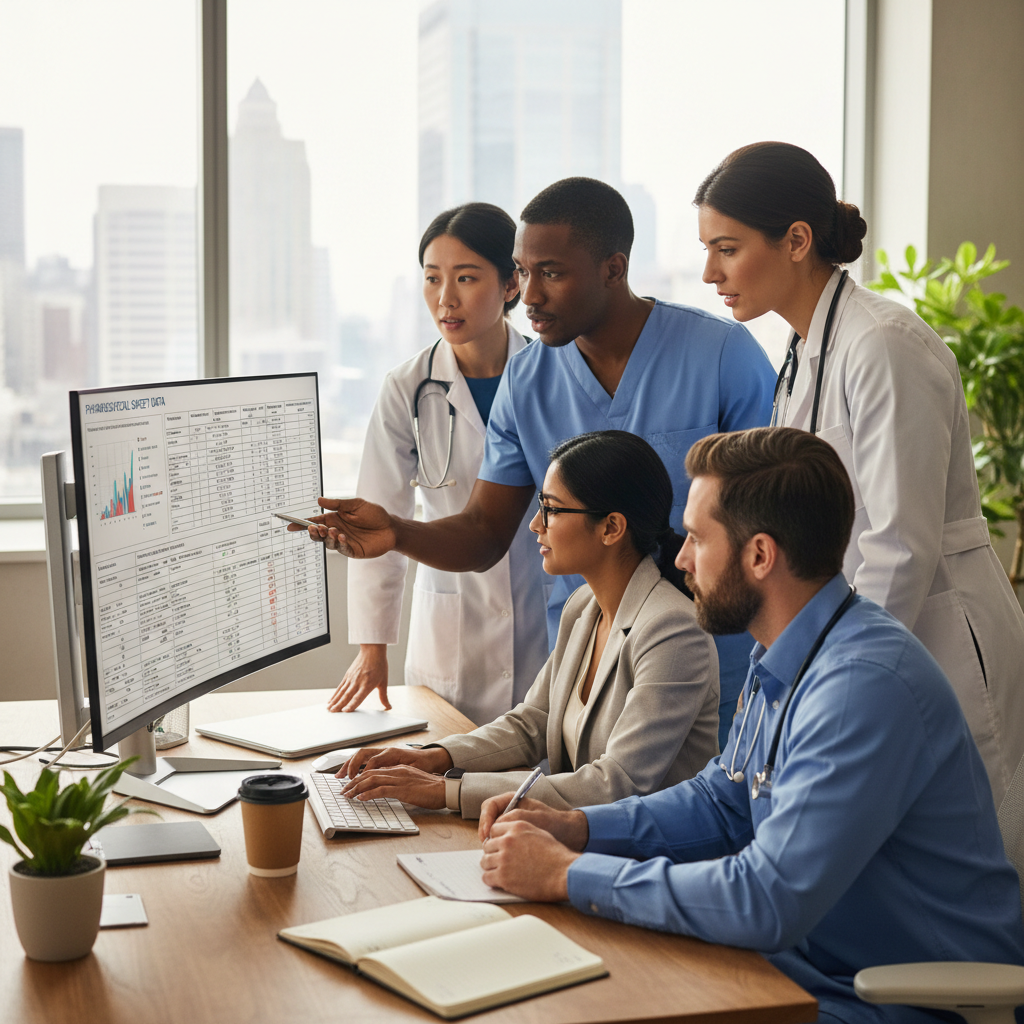 Healthcare professionals collaborating on drug safety