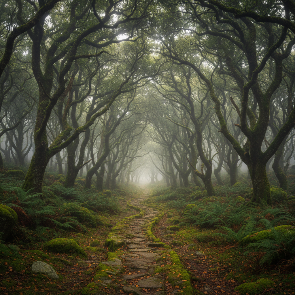 Floresta portuguesa com trilho a perder de vista na neblina
