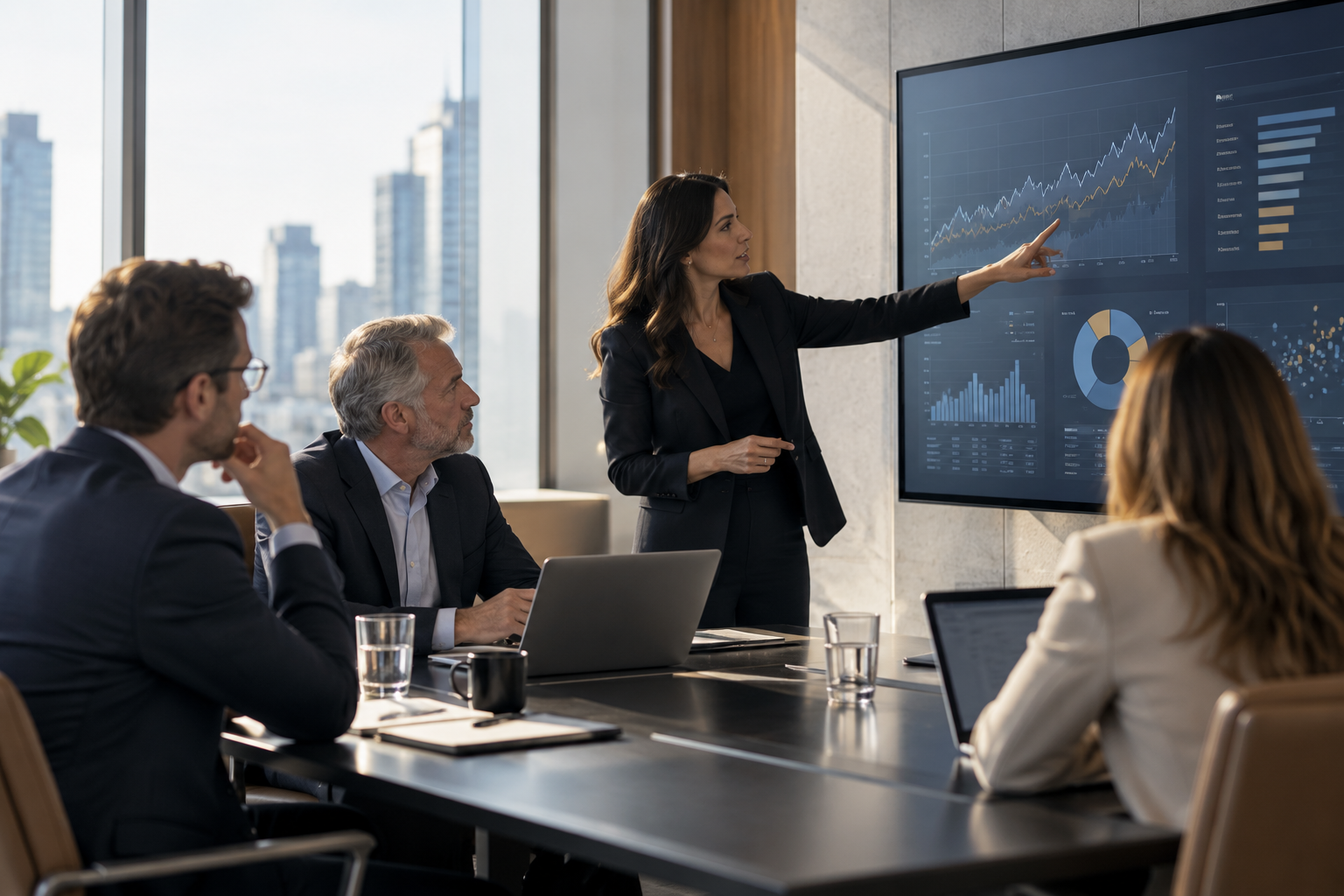 Investment professionals reviewing portfolio analysis in an institutional meeting