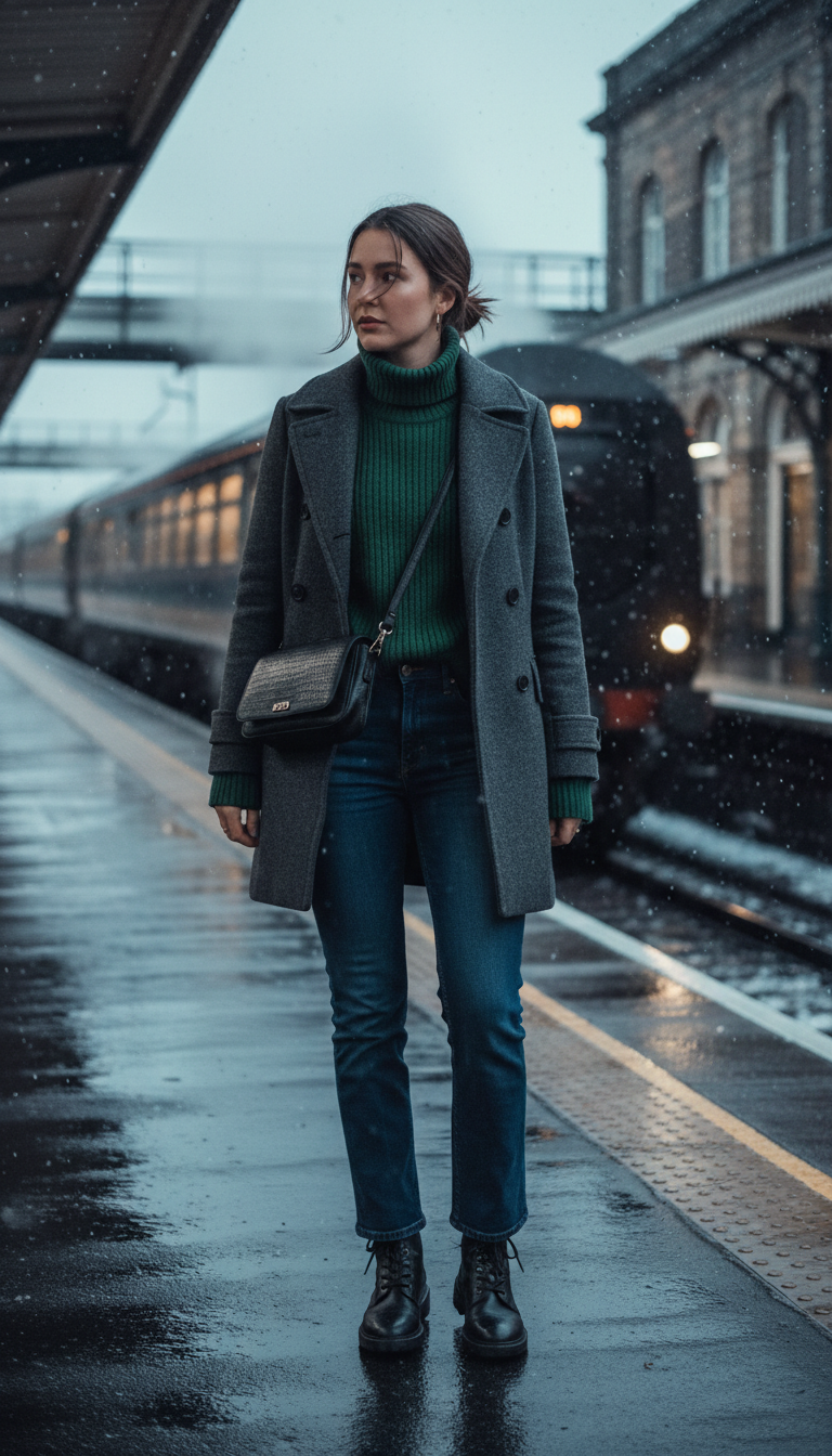 Green Turtleneck With Peacoat