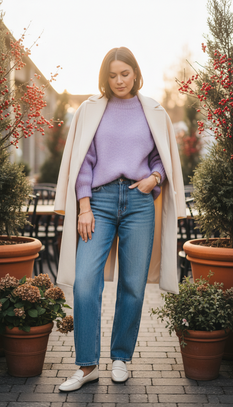 Lavender Sweater With Cream Coat