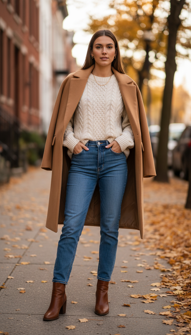 Chunky Knit Sweater With Camel Coat
