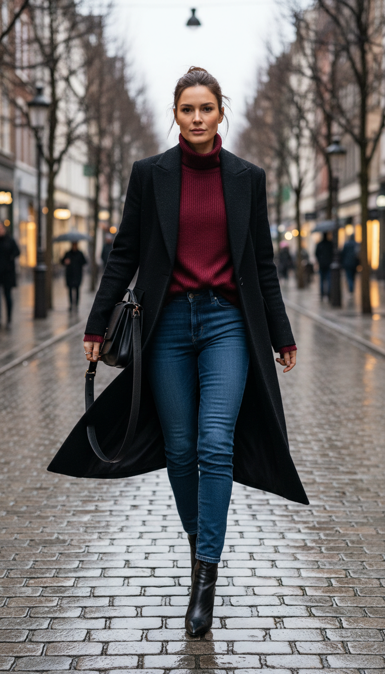 Burgundy Turtleneck With Long Black Coat
