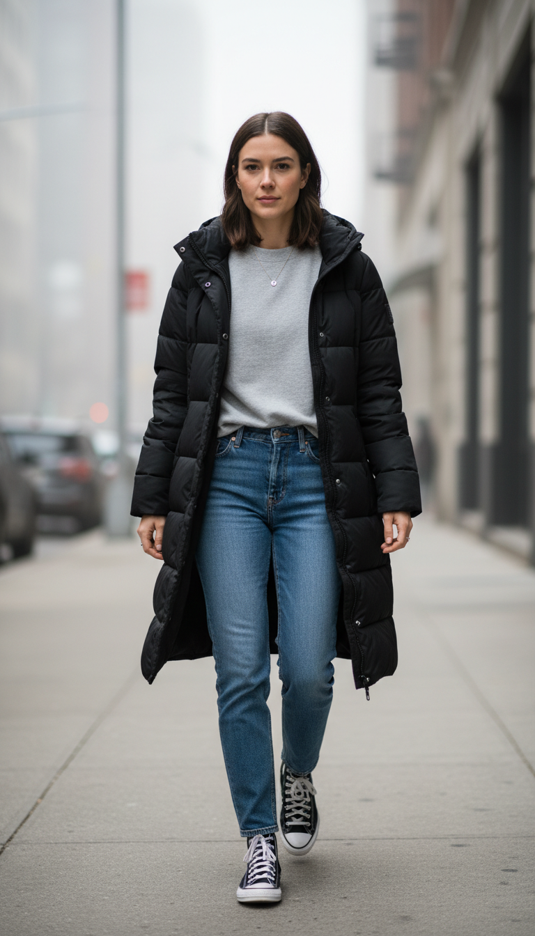Black Puffer Coat With Grey Sweatshirt