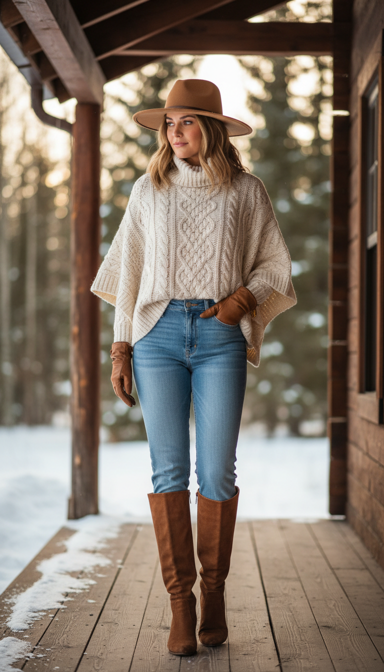 Turtleneck Poncho With Wide-Brim Hat