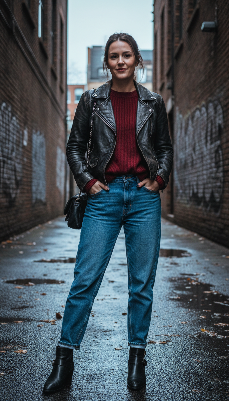 Moto Jacket With Wine-Red Knit
