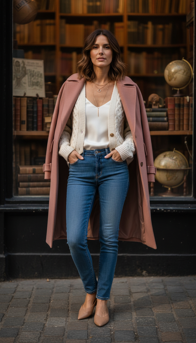 Pink Wool Coat With Cardigan