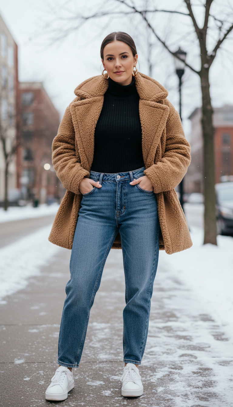 Teddy Coat With Black Turtleneck
