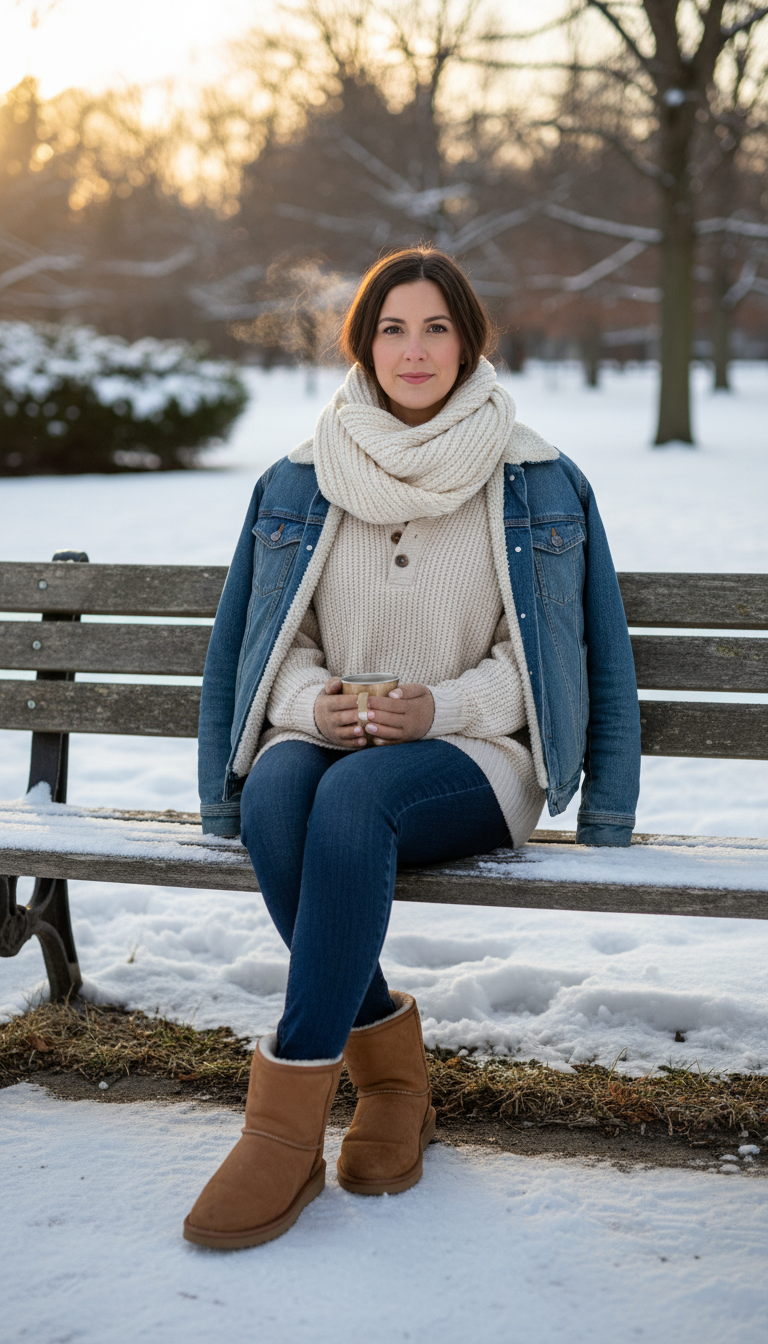Sherpa-Lined Denim Jacket With Knits