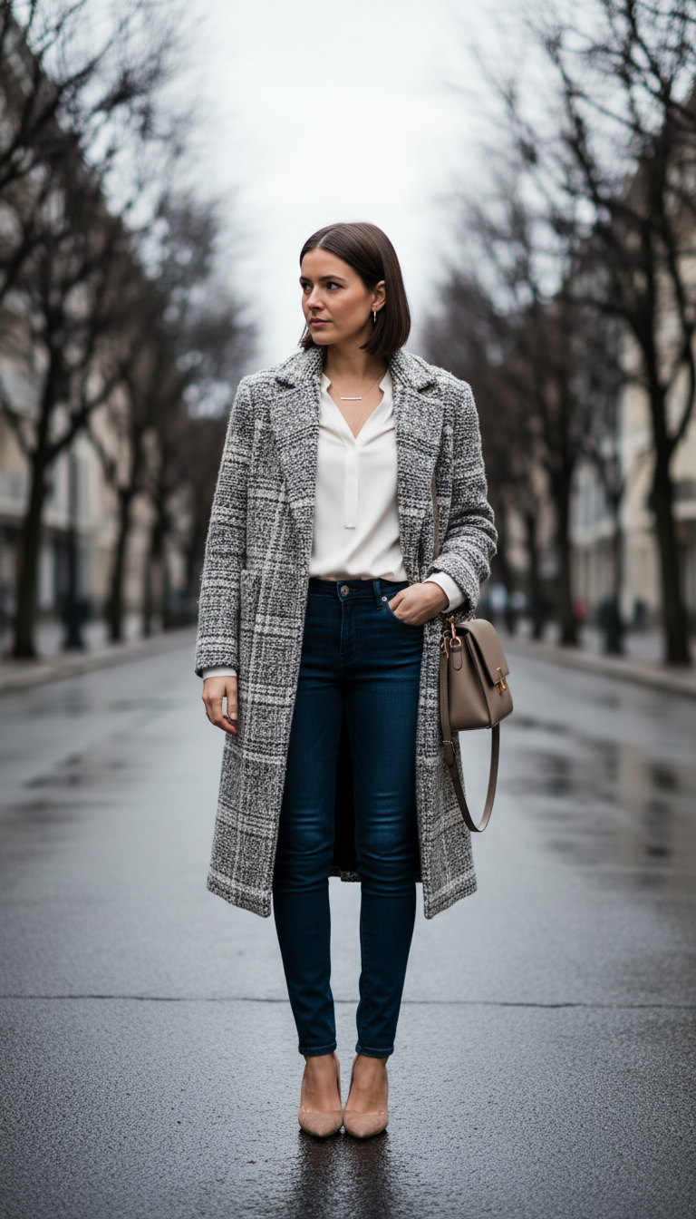 Checked Wool Coat With Silk Blouse