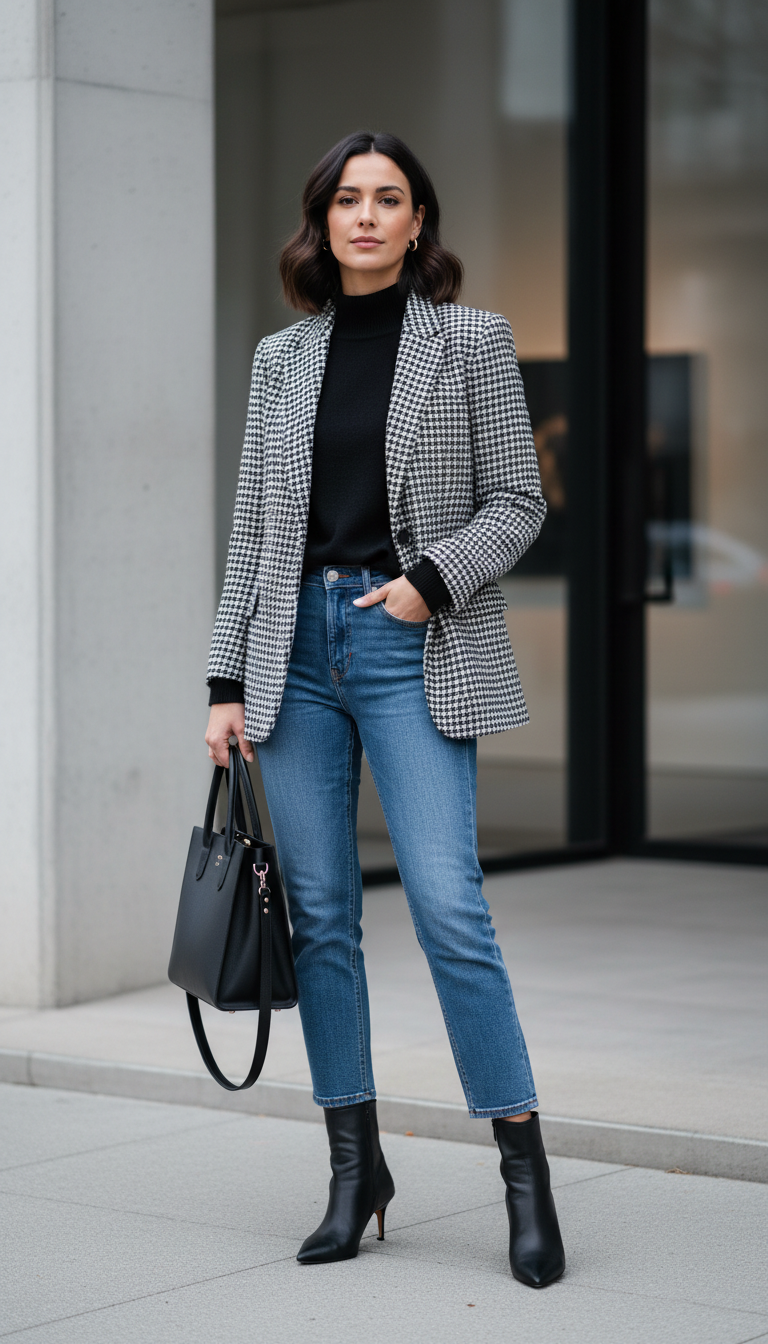 Houndstooth Blazer With Mock Neck