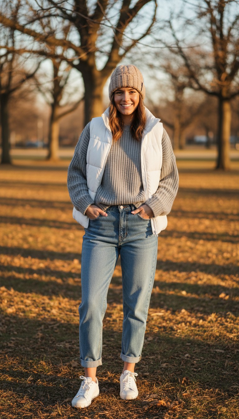 Puffer Vest Over Oversized Sweater