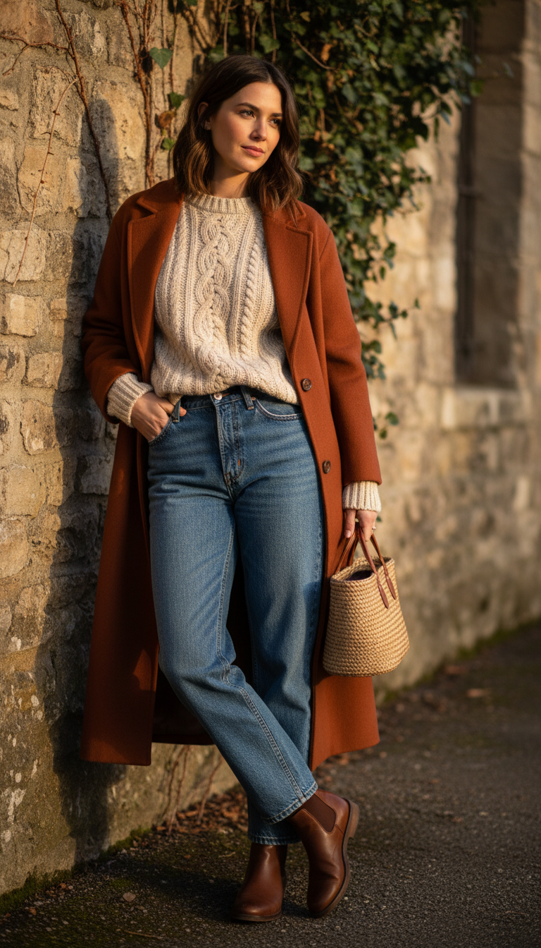 Aran Knit Sweater With Rust Coat