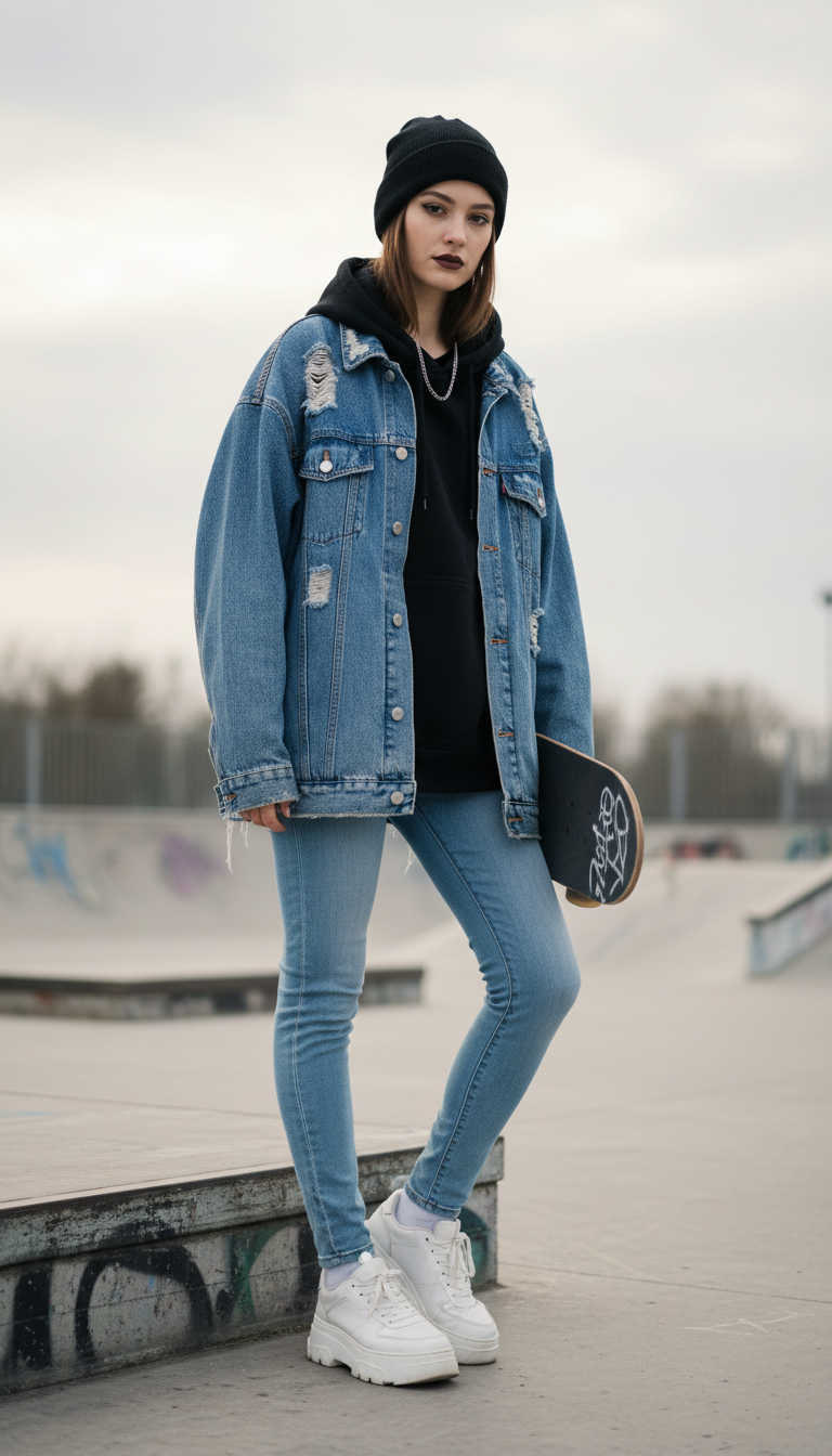 Woman wearing soft grunge double denim outfit with hoodie and blue jeans