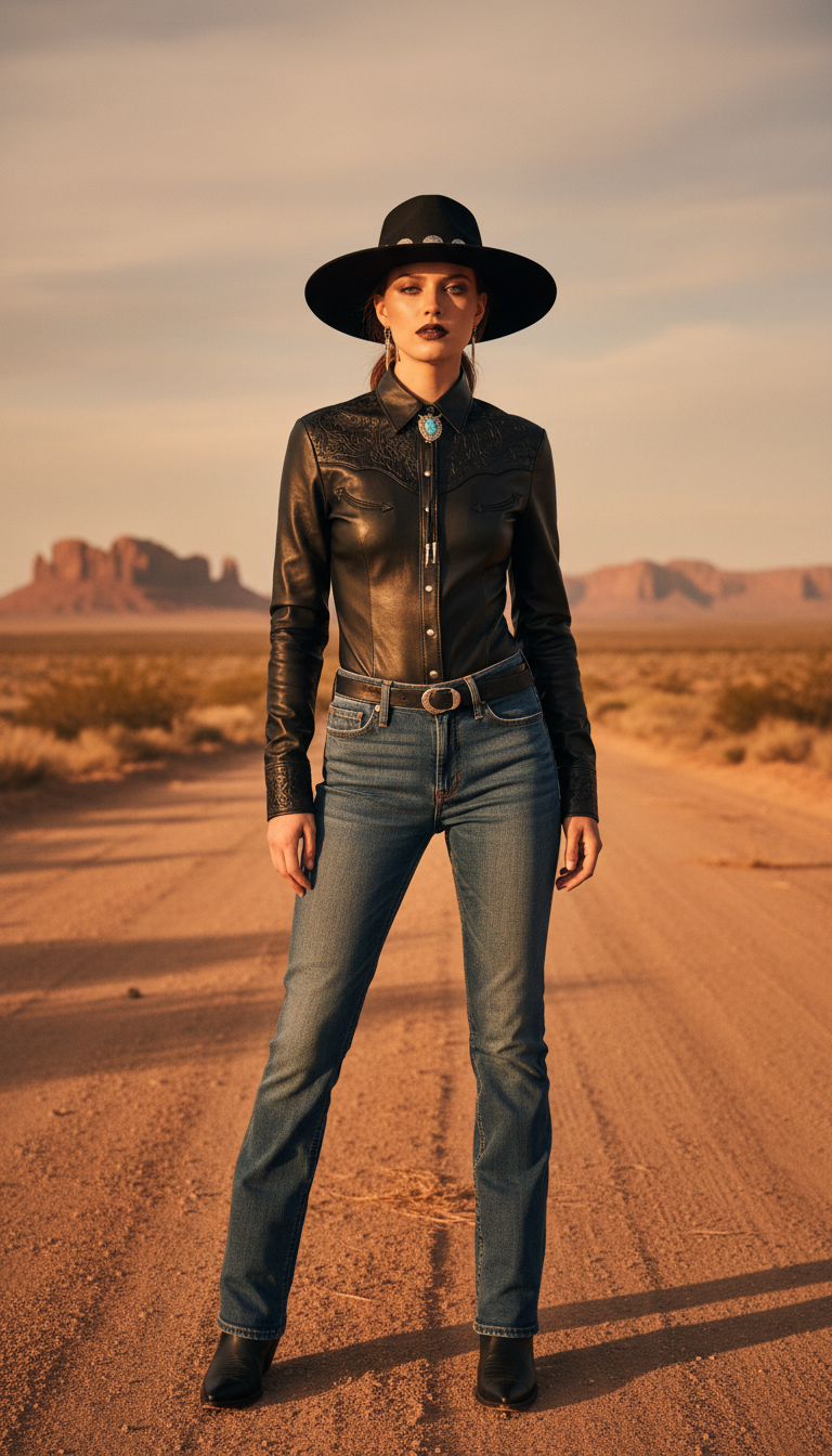 Woman wearing western goth alt outfit with cowboy boots and blue jeans
