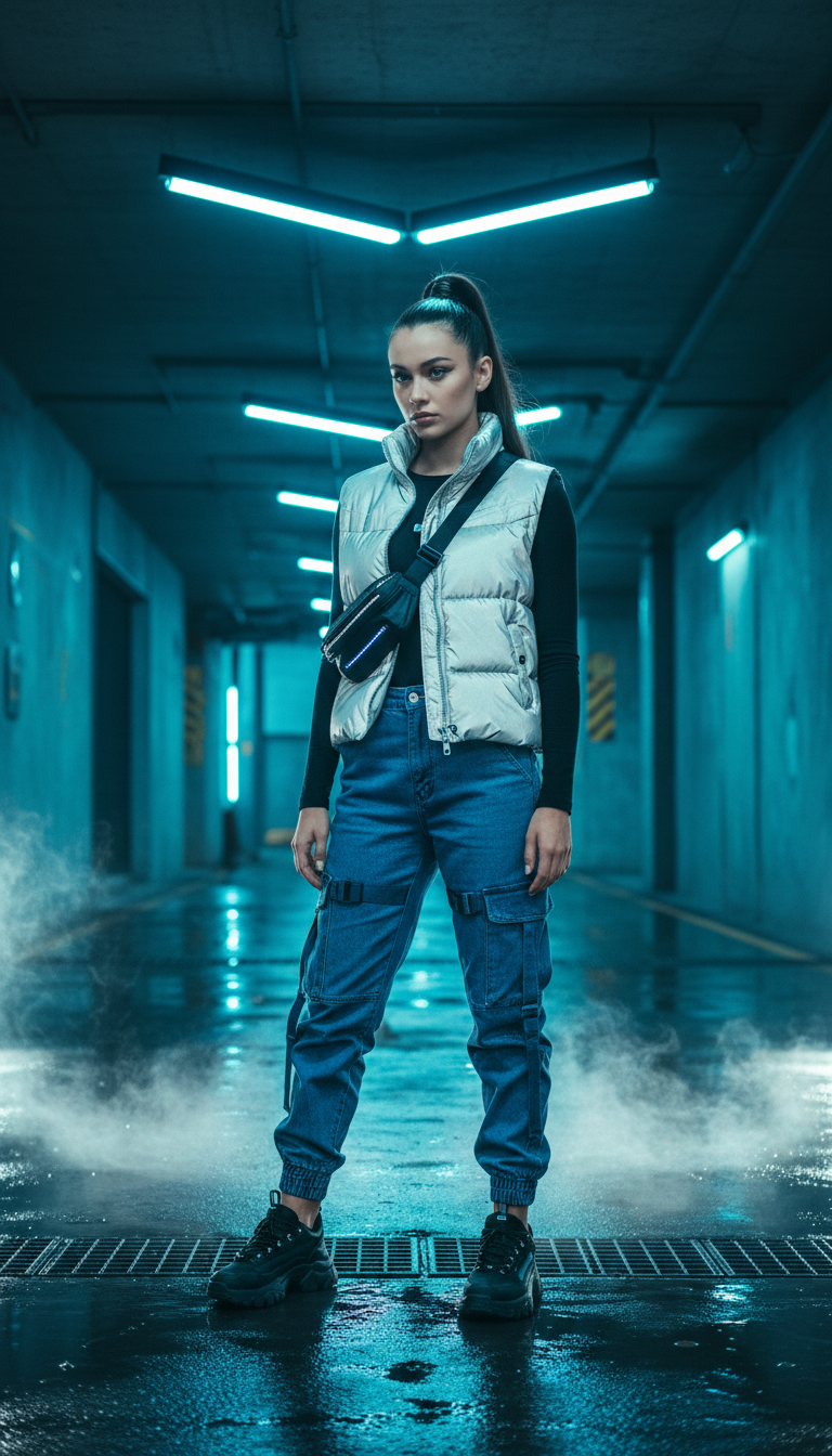 Woman wearing cyberpunk techwear alt outfit with blue cargo jeans