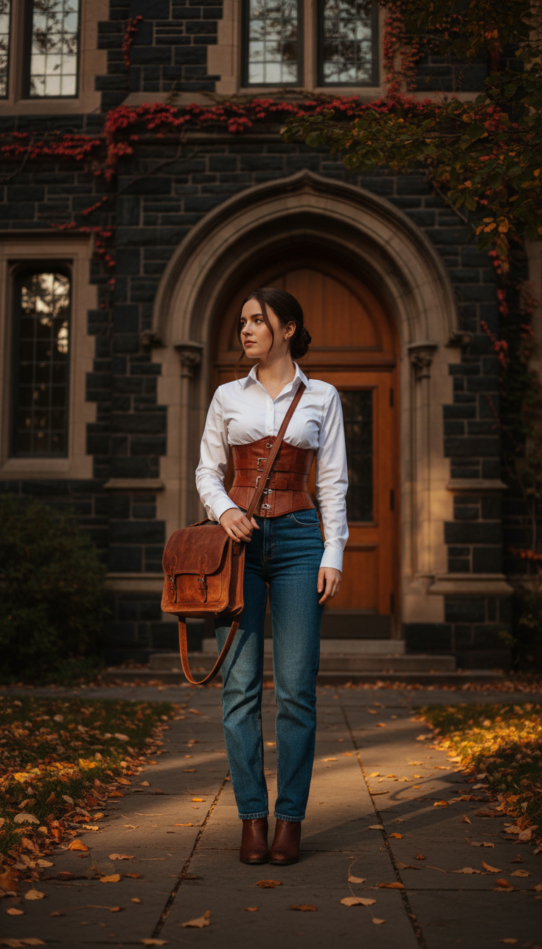 Woman wearing dark academia alt outfit with blue jeans and corset belt