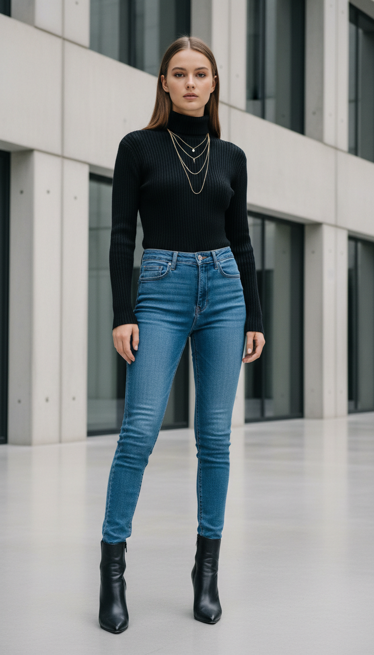Woman wearing edgy minimalist alt outfit with turtleneck and blue jeans