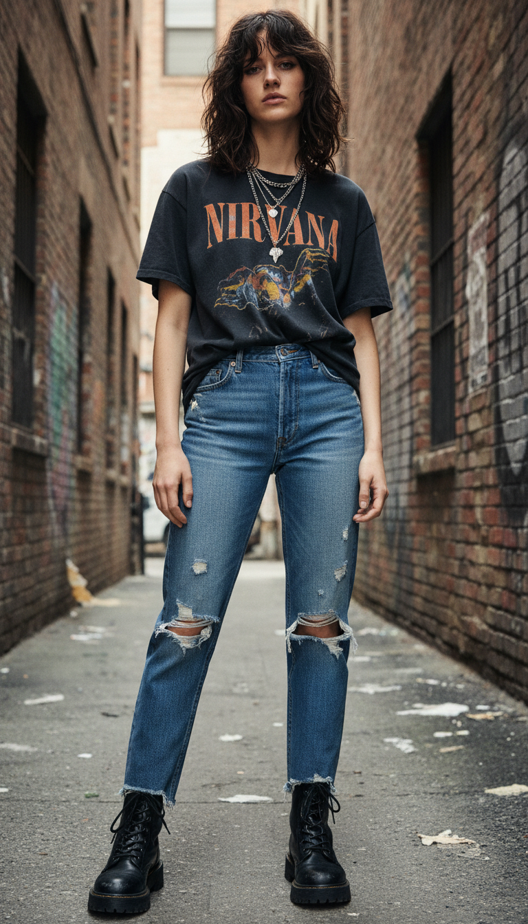 Woman wearing grunge outfit with band tee and blue jeans