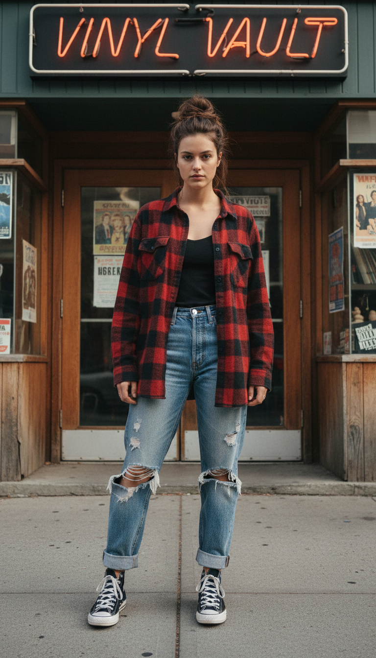 Woman wearing 90s grunge flannel outfit with blue jeans