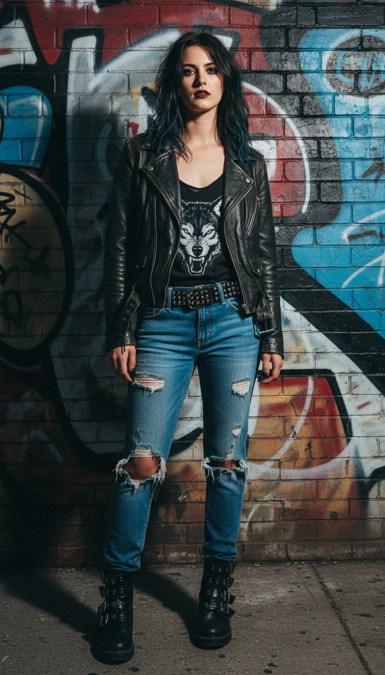 Woman wearing punk alt outfit with leather jacket and ripped blue jeans