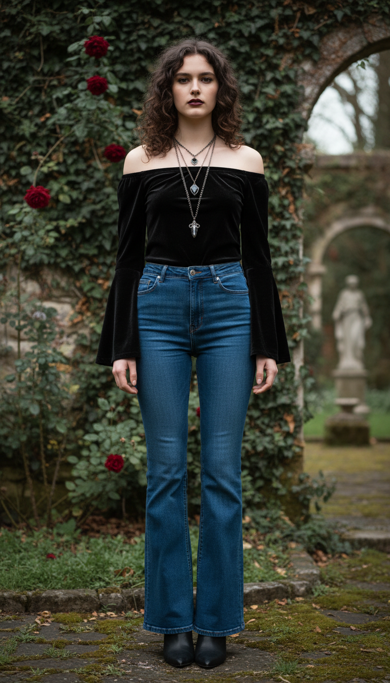 Woman wearing romantic goth alt outfit with velvet top and flare blue jeans