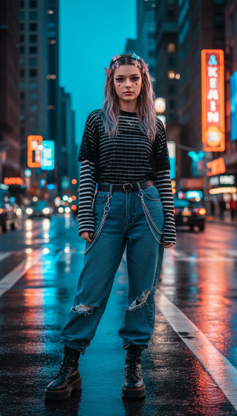 Woman wearing e-girl alt outfit with mesh top and blue jeans