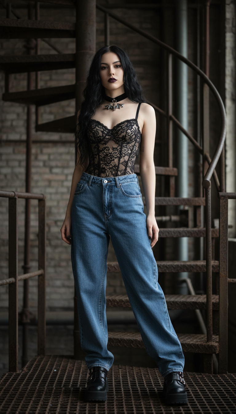 Woman wearing gothic alt outfit with lace corset and wide leg blue jeans