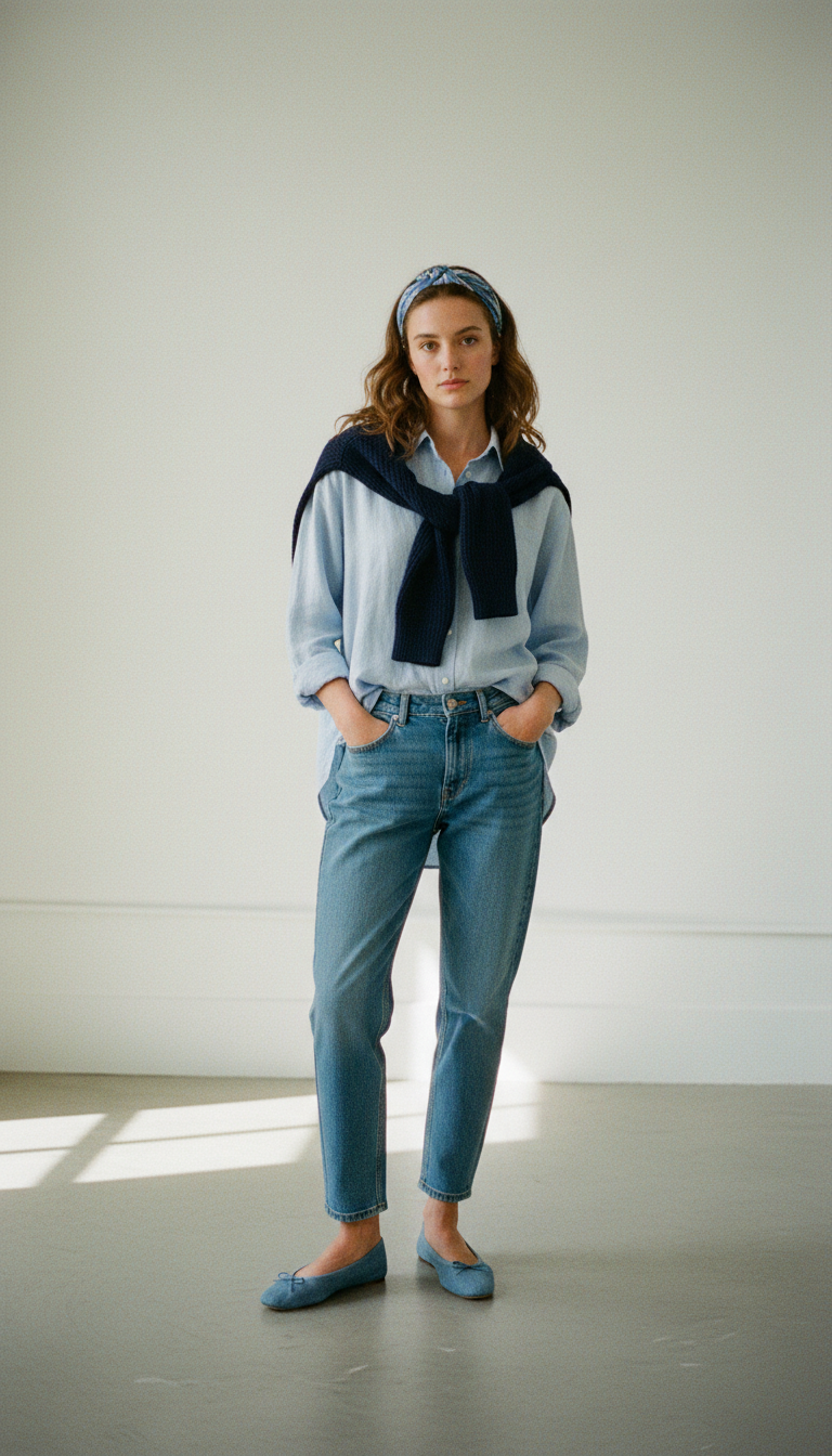 Woman styled head-to-toe in varying shades of blue with mom jeans and linen shirt