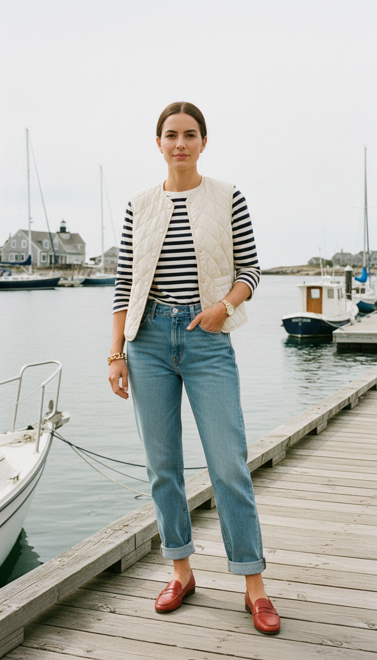 Woman wearing cuffed blue mom jeans with a Breton striped top and red leather loafers