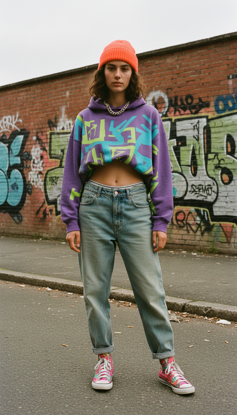 Young woman in light wash oversized mom jeans with a graphic hoodie and high-top sneakers