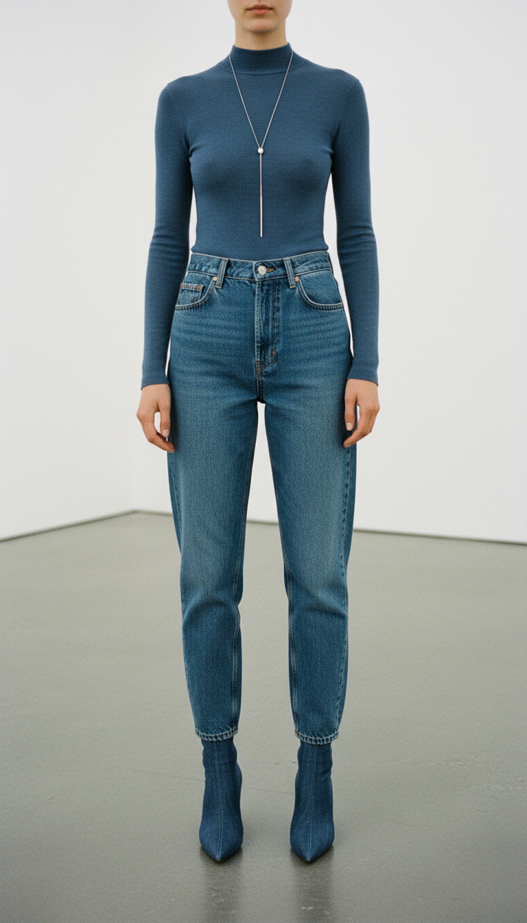 Woman in a monochromatic blue column silhouette with high-waisted mom jeans and matching top
