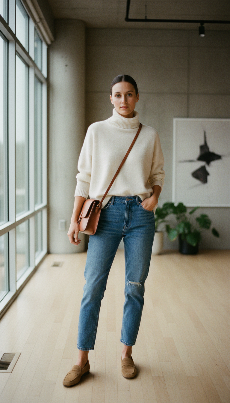 Woman in medium blue wash mom jeans with an oversized cream cashmere turtleneck and tan loafers
