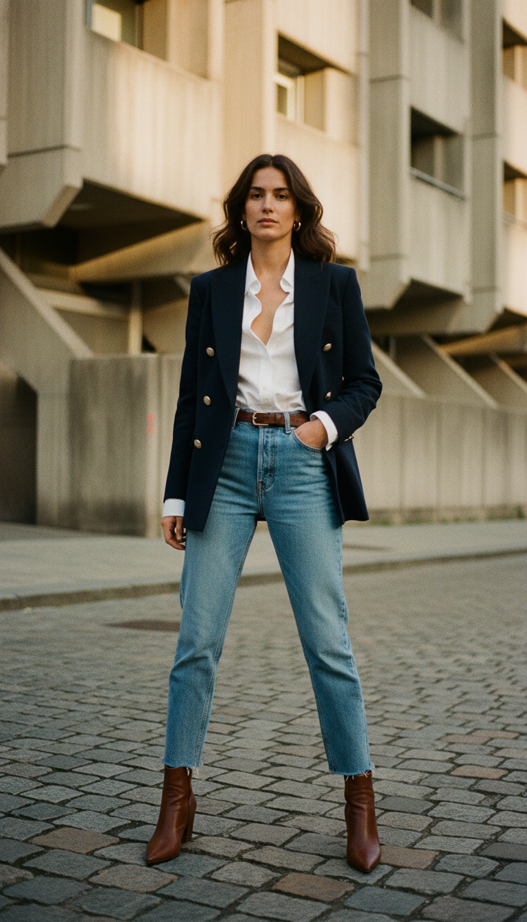 Woman wearing light wash blue mom jeans with a double-breasted navy wool blazer and brown ankle boots