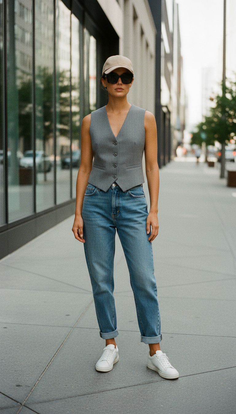 Woman in stone-washed blue mom jeans with a tailored grey waistcoat and white sneakers
